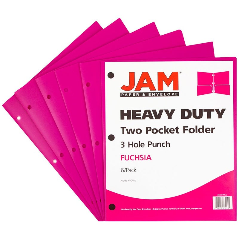 JAM PAPER Heavy Duty Plastic 3 Hole Punch Pocket Folders - Extra Tough School Folders - Fuchsia Hot Pink - 6/Pack - Image 2